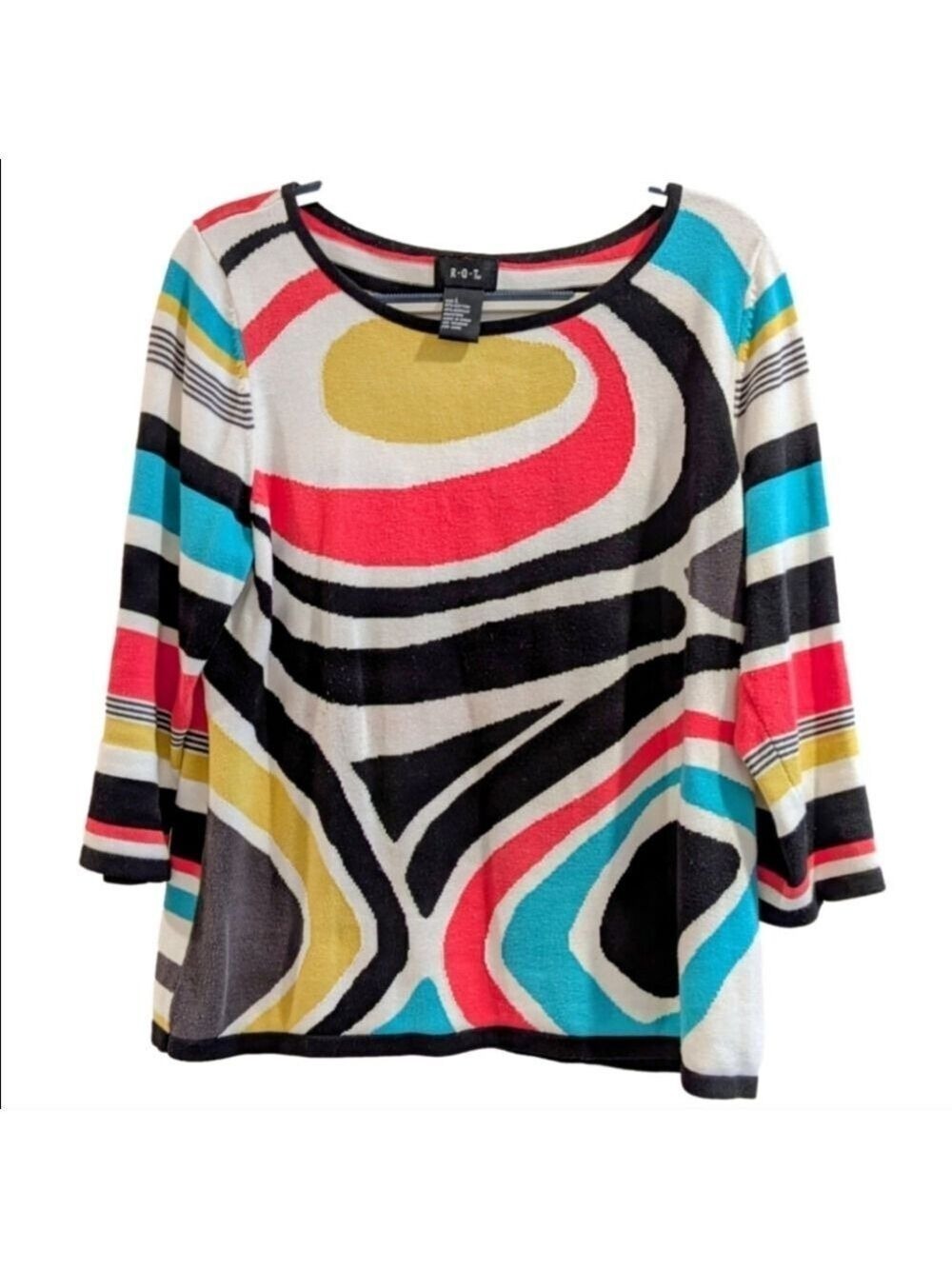 R.Q.T. Cotton Blend Lightweight 3/4 Sleeves Sweater, Abstract Design,Size Large